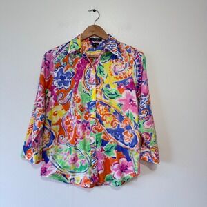 Lauren Ralph Lauren Multi Color Paisley Floral Cotton 3/4 Sleeve Shirt Womens S